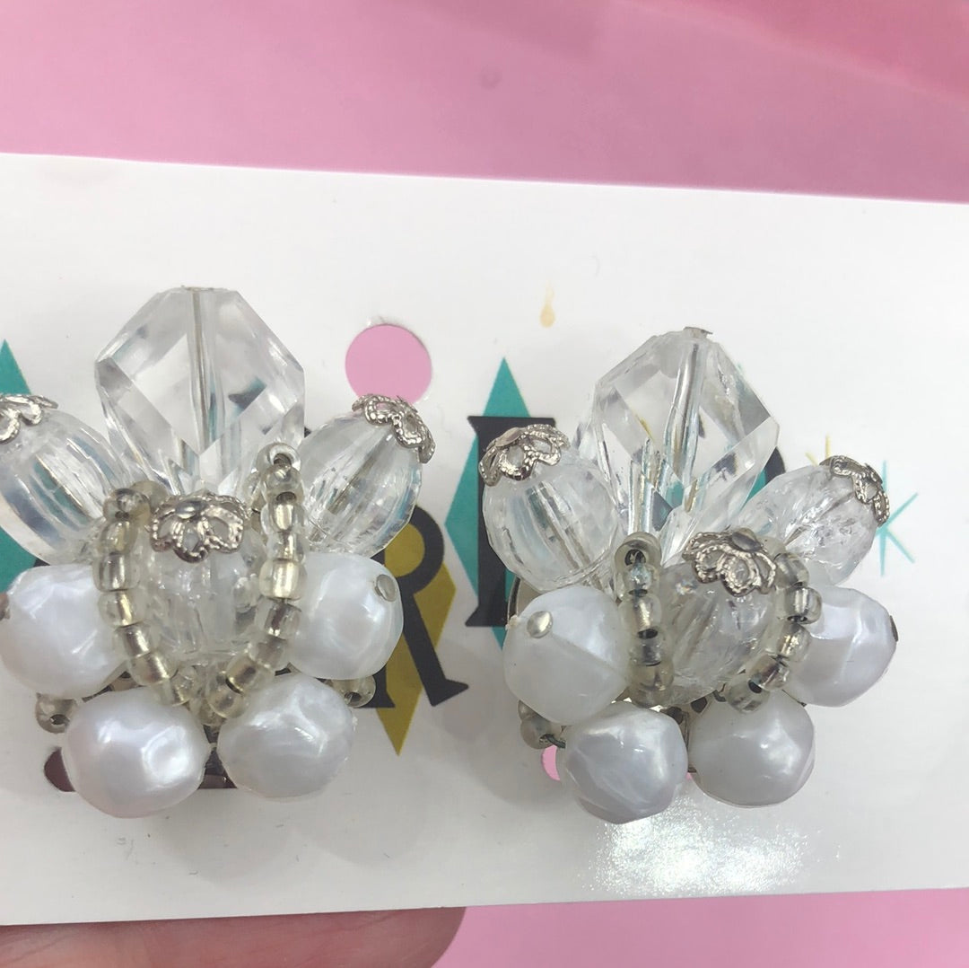 White and Clear bead cluster clip on earrings