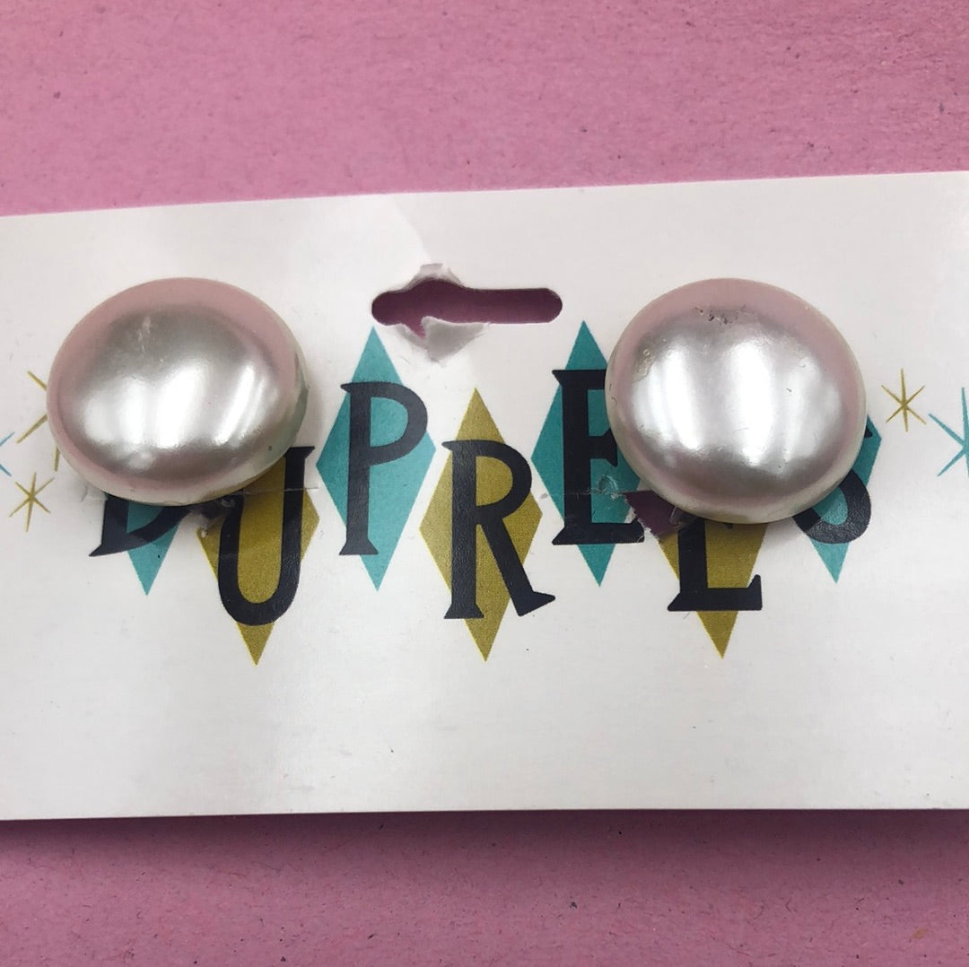 White faux pearl disc earrings with clip back