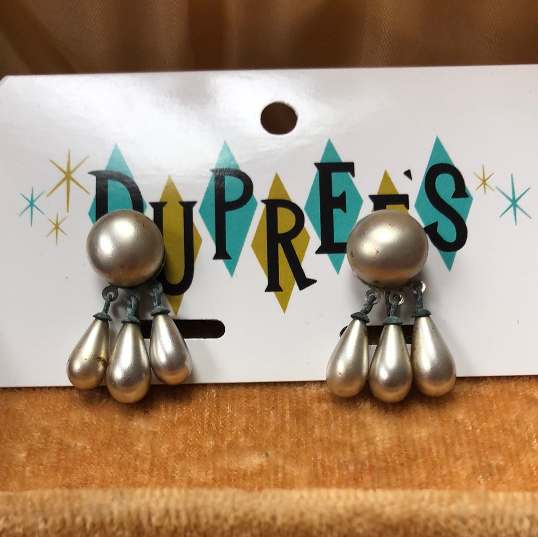 Pewter faux Pearl button clip on earring with teardrop dangles
