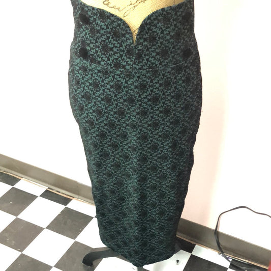 Emerald Green High Waist Skirt with Black Flocked Scroll Pattern