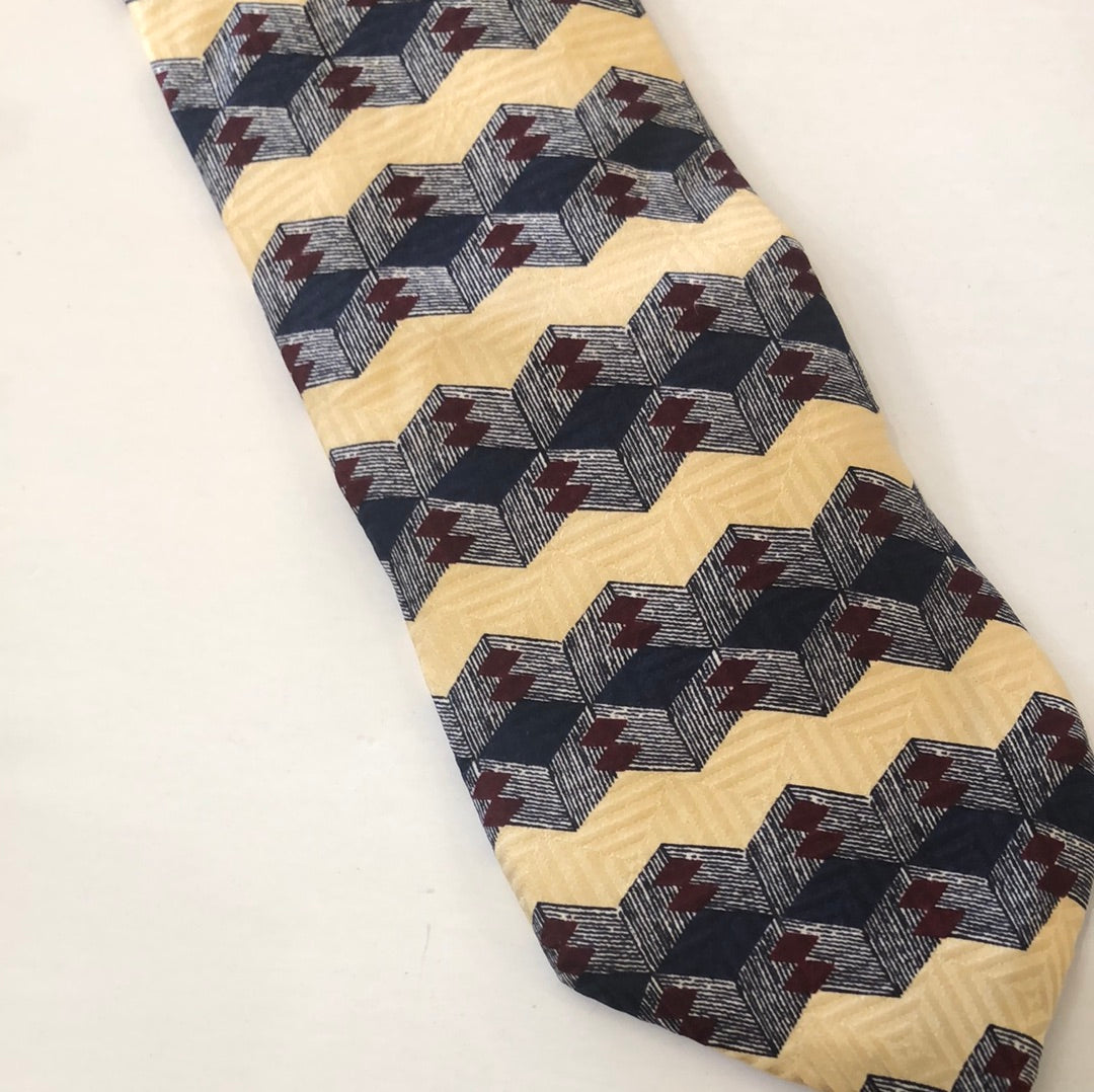 Yellow tie with a Blue and Maroon Graphic pattern