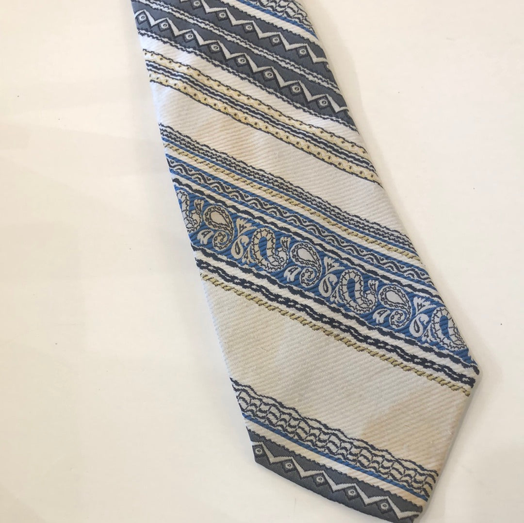 Blue white yellow diagonal strip tie with paisley