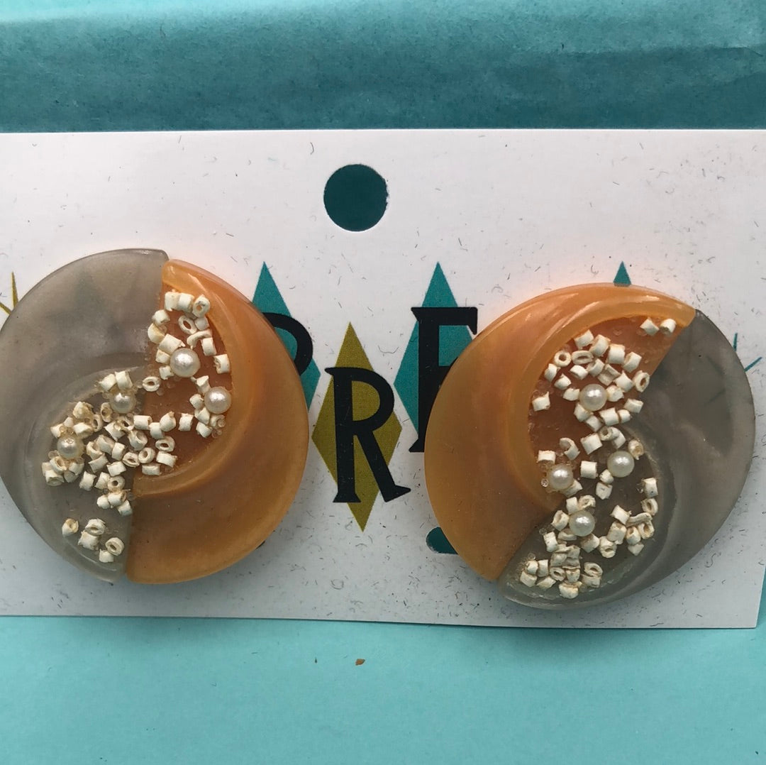 Taupe and Peach round clip on earring