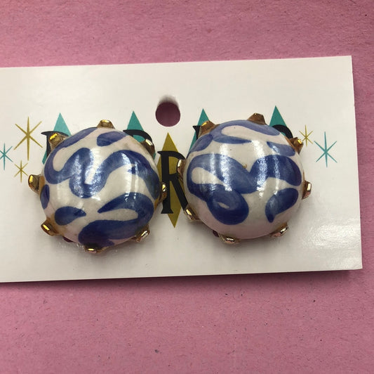 White round earring with Blue painted design Clip on earring