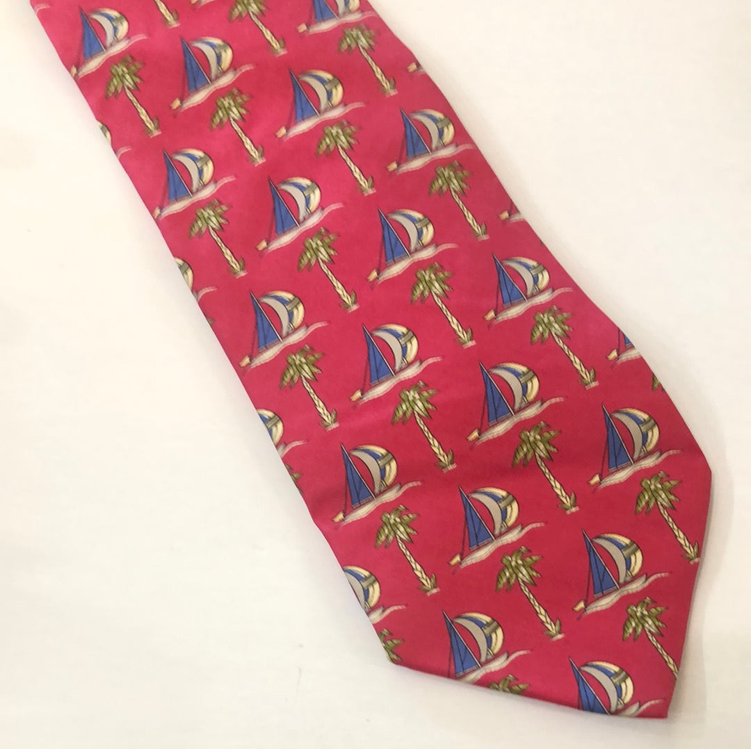 Red tie with sailboats and palm trees