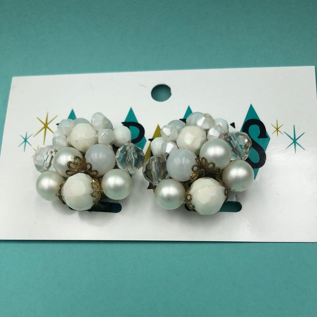 White and clear bead cluster clip on earrings