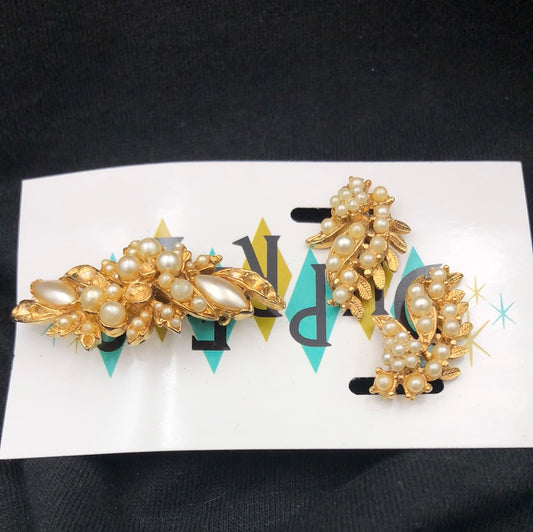 Gold and White Pearl Broach and Clip On Earrings