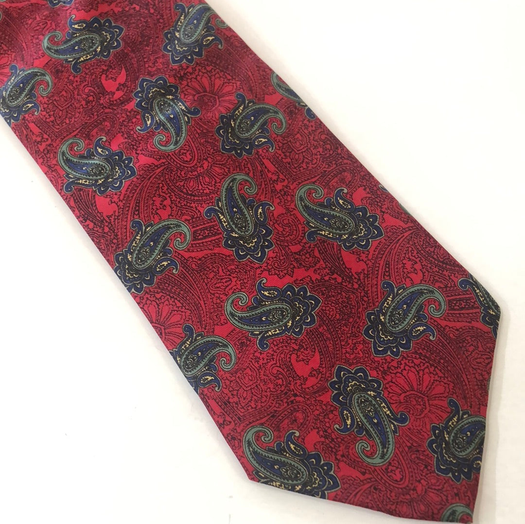 Red double paisley tie with green and blue accents