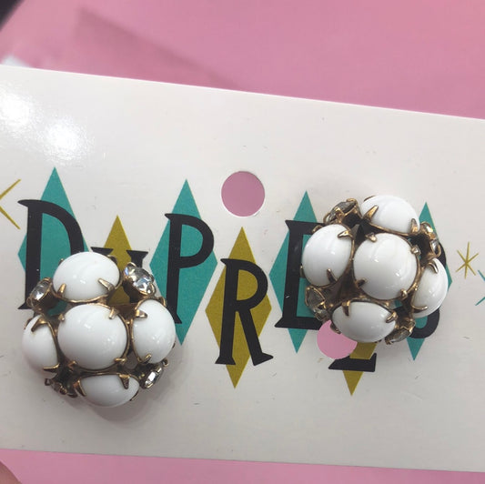 White round bead and crystal earrings clip back