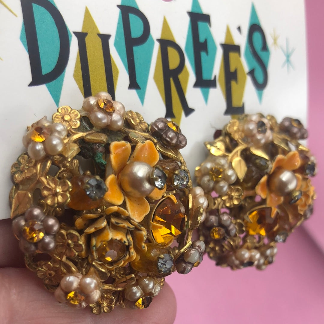 Amber and Orange floral cluster clip on earrings