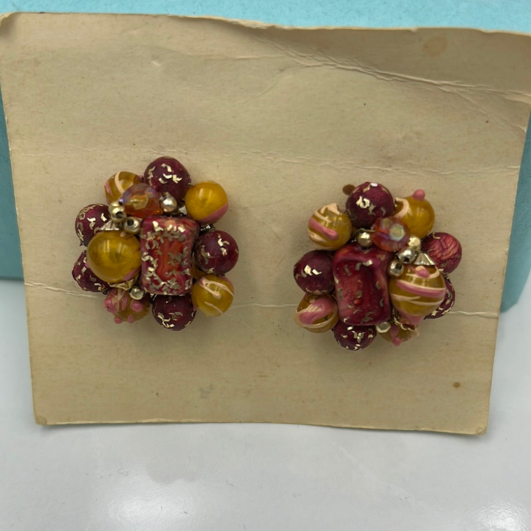 Gold and rose bead cluster clip on earrings