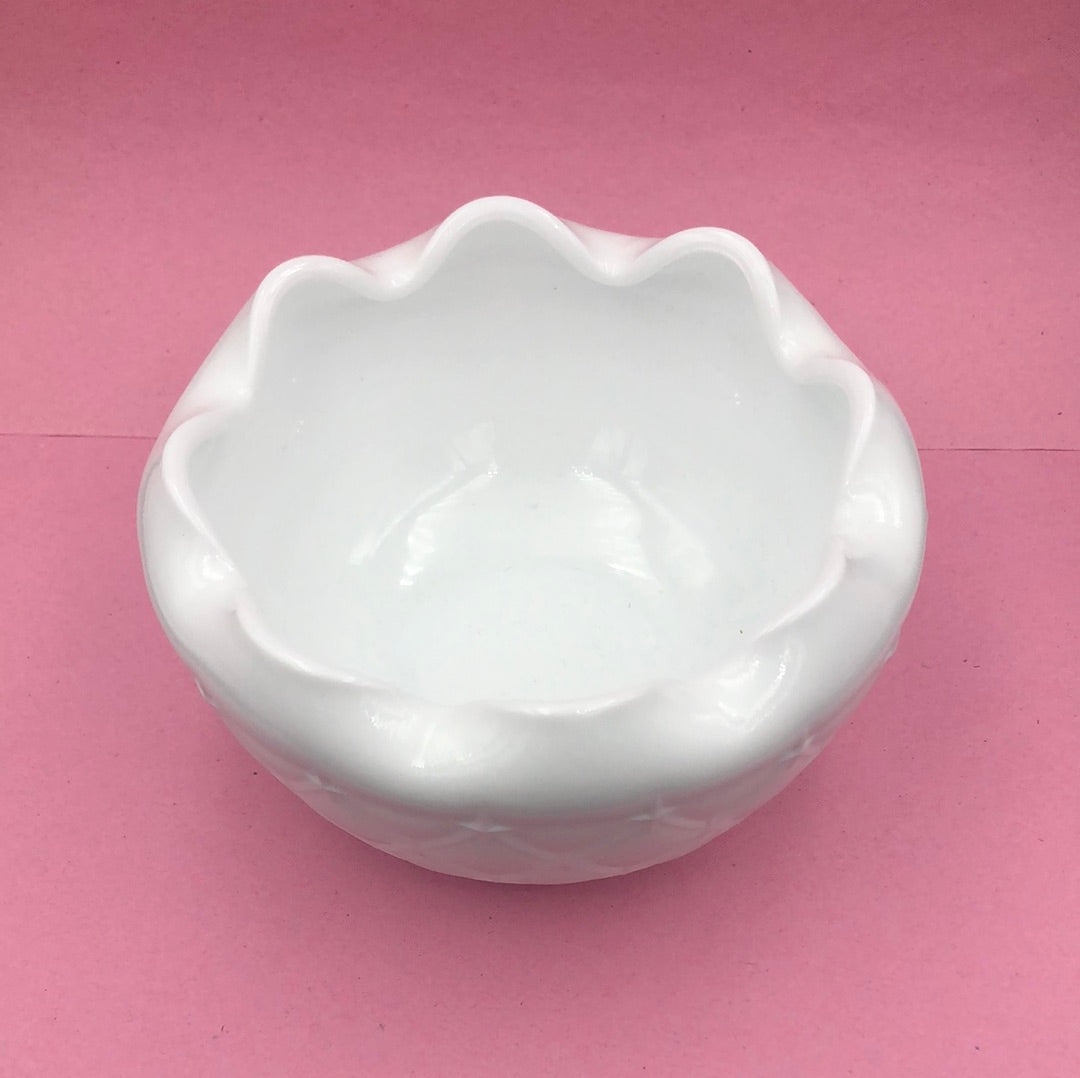 White Milk Glass Bowl with Scallop Edge and Diamond Pattern
