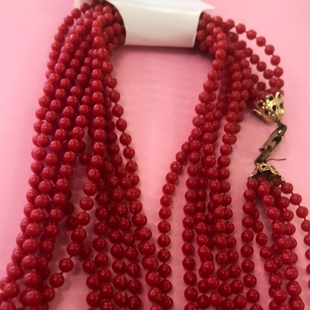 Red multi strand mini bead necklace