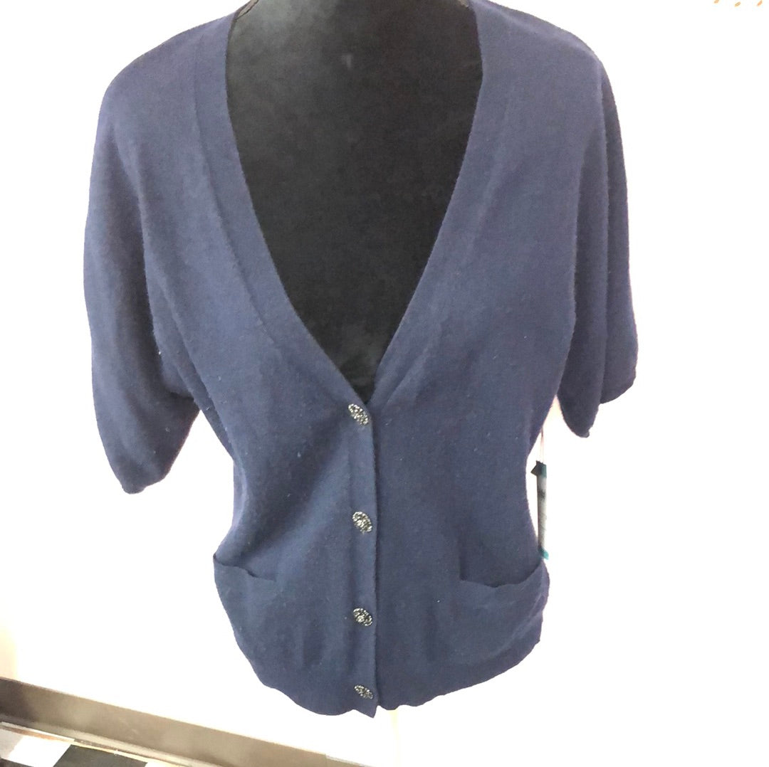 Navy Blue Short Sleeve Cardigan Sweater with Crystal Buttons