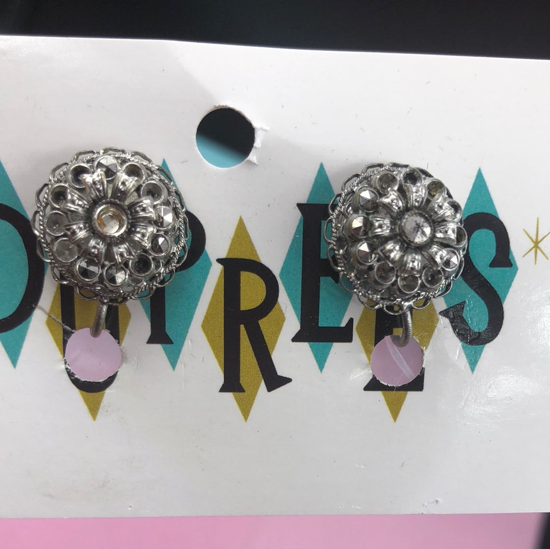 Round Silver and rhinestone clip on earrings