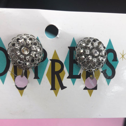 Round Silver and rhinestone clip on earrings