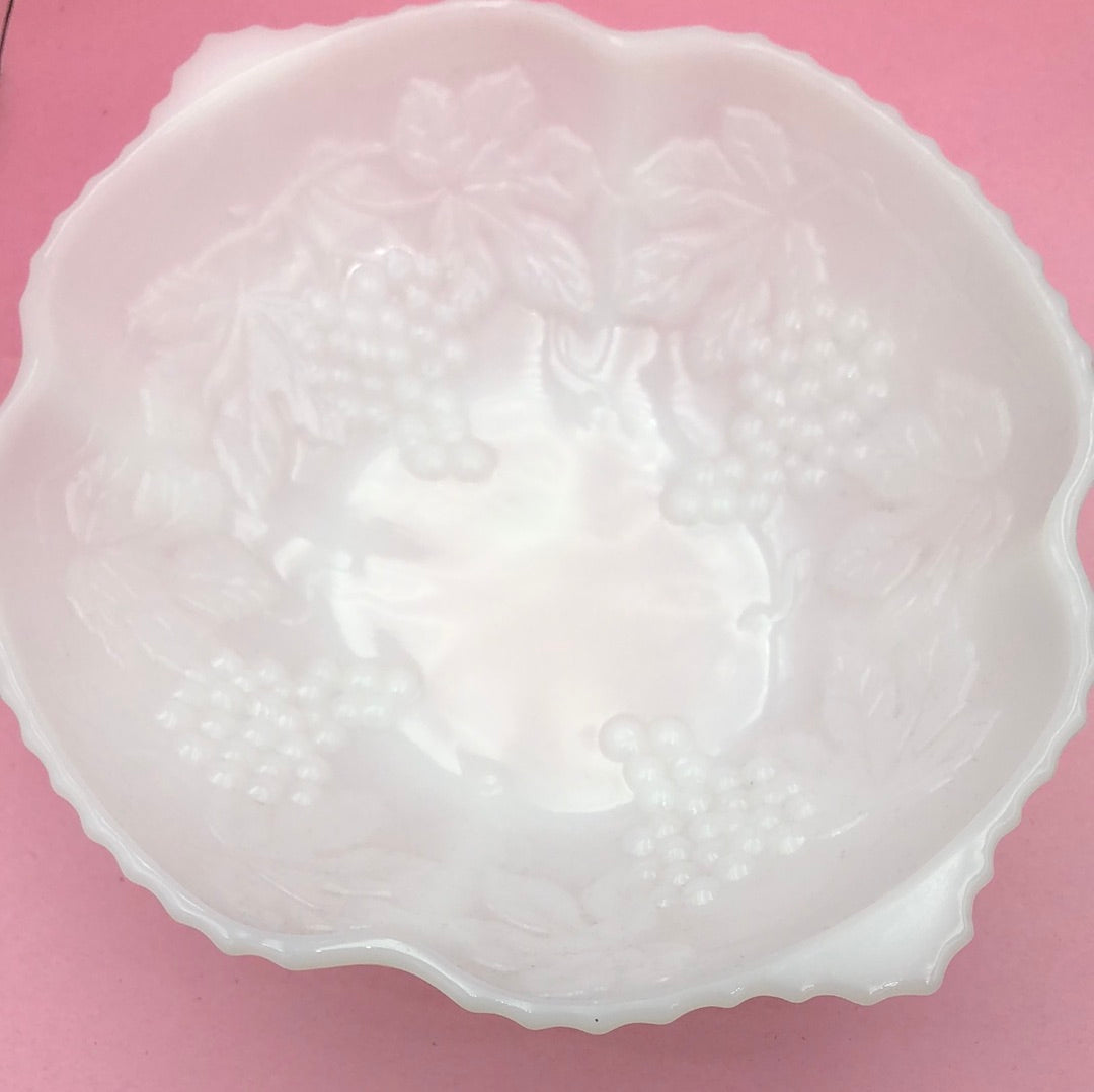 Milk Glass Bowl with Grape Pattern