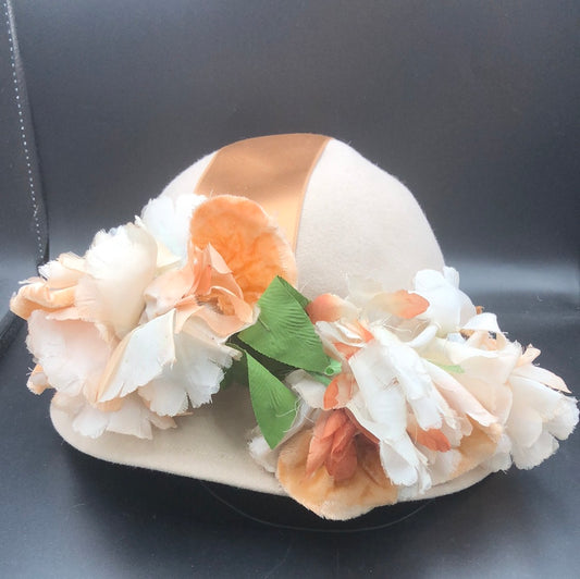 Beige hat with Peach ribbon and Peach silk floral detail