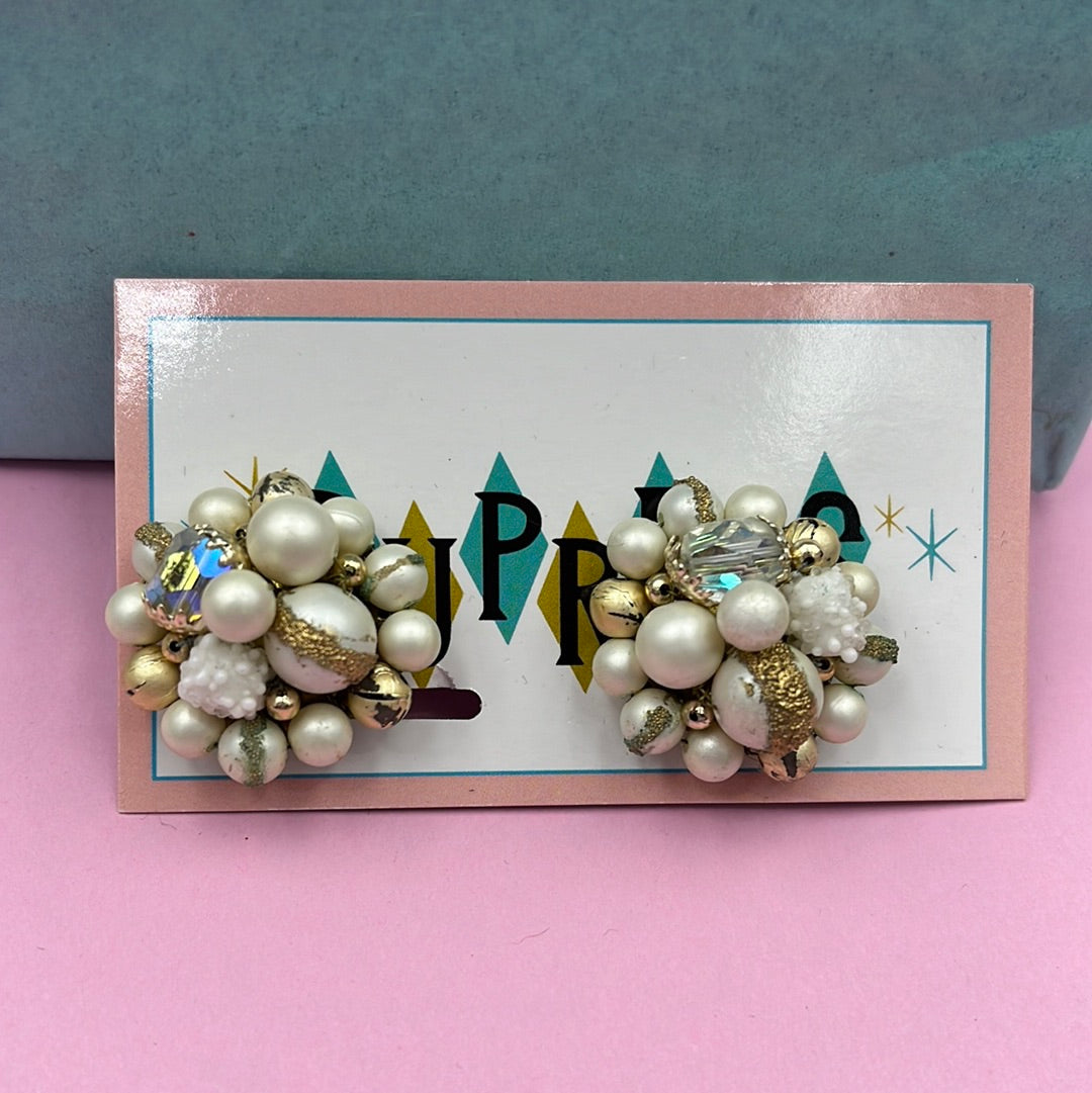 Gold and White bead cluster clip on earrings