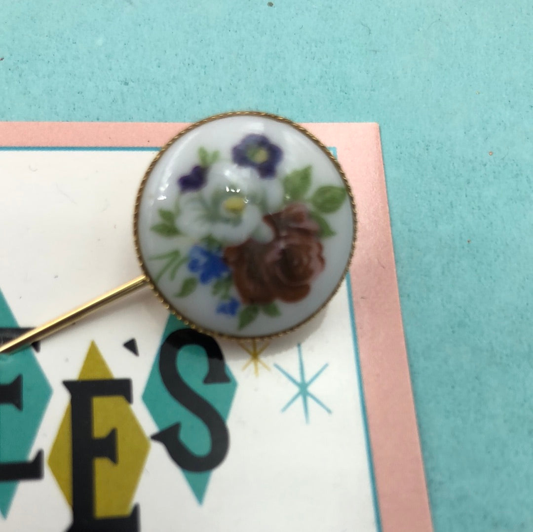 Gold stick pin with floral bouquet portrait