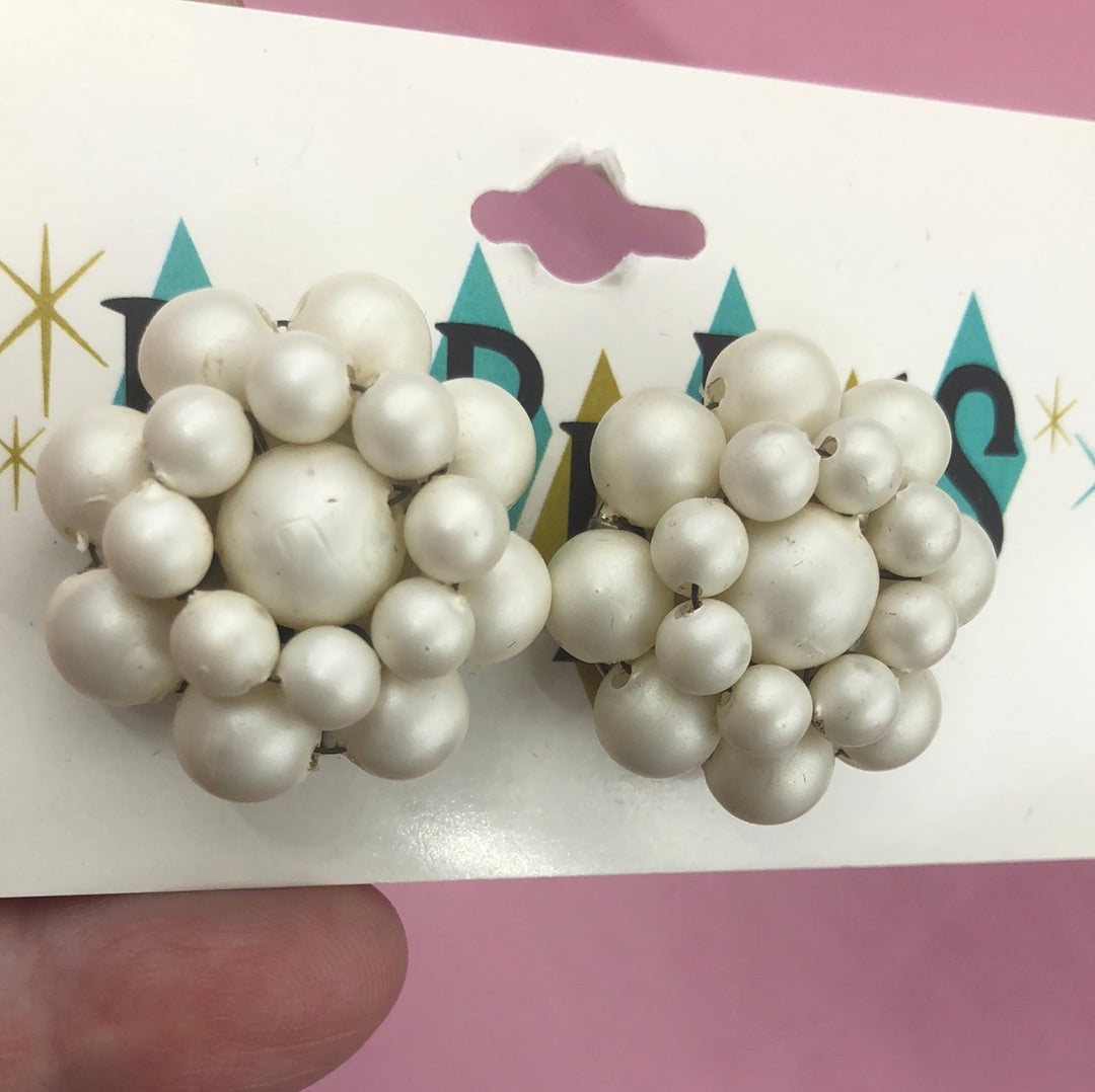 White bead cluster clip on earring