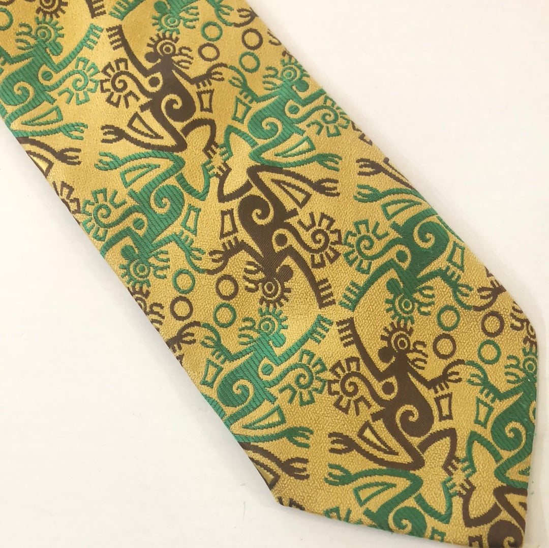 Yellow tie with brown and green graphic pattern