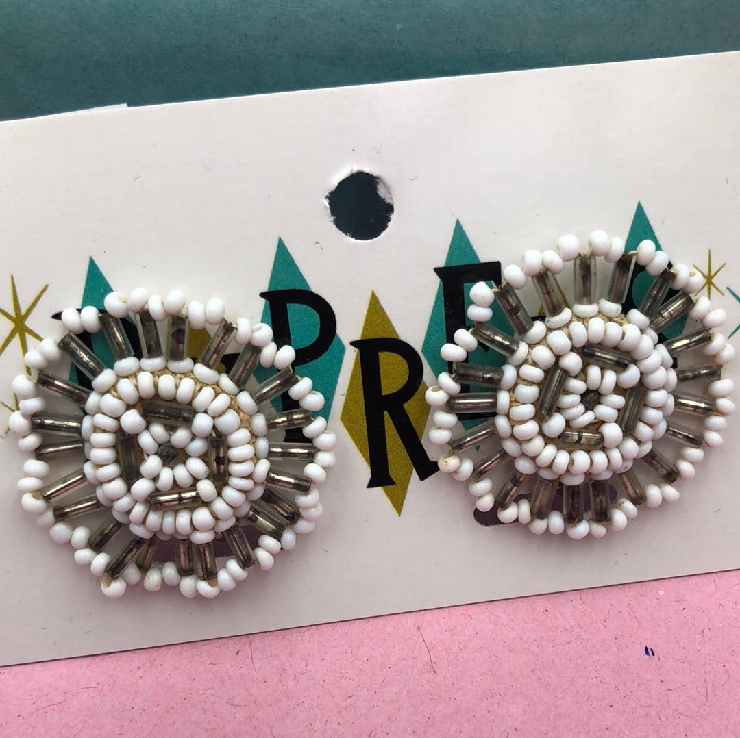 White seed bead clip on earrings