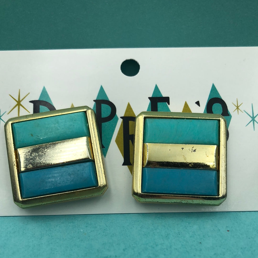Gold and Teal Square clip on earrings