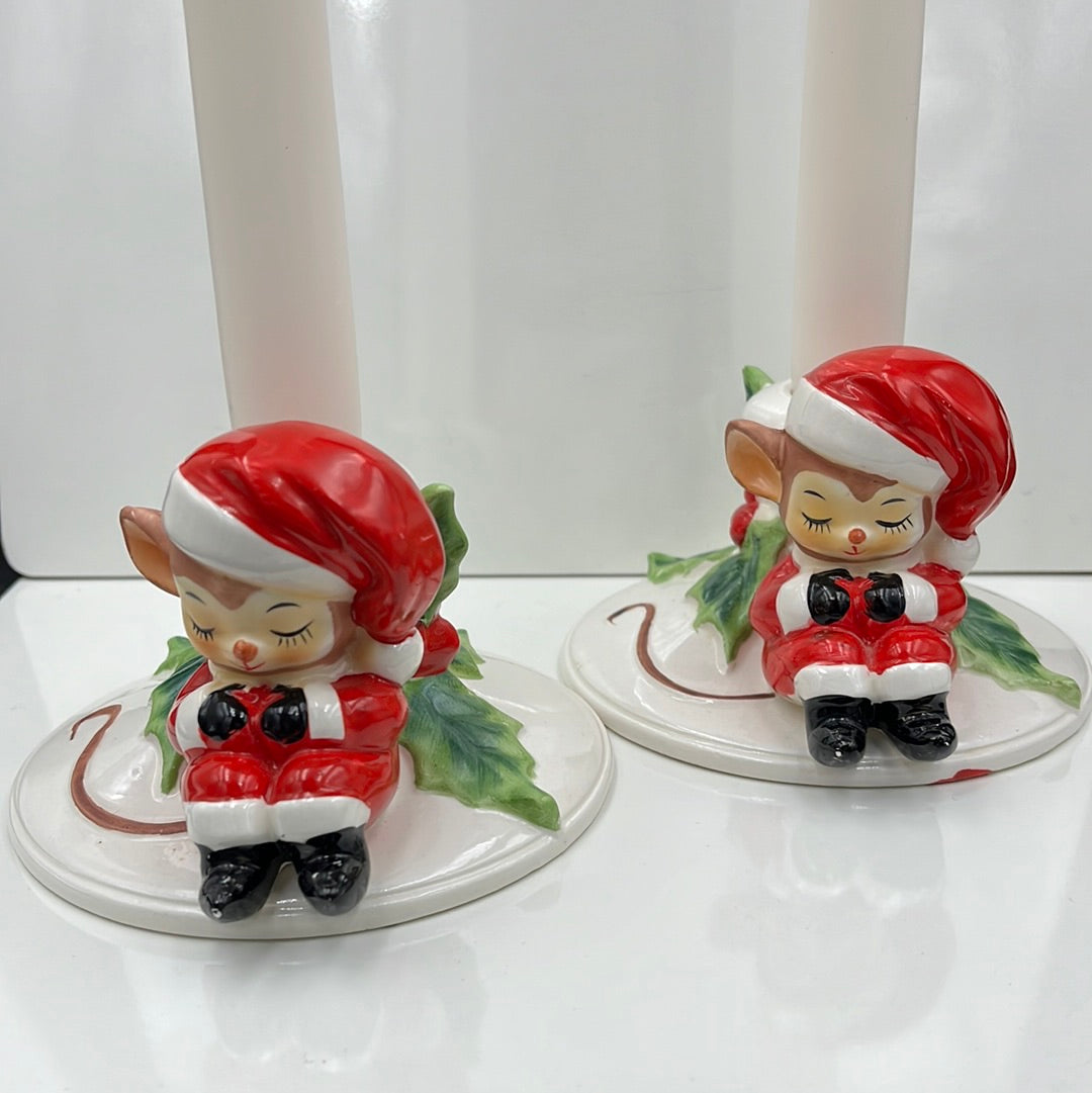Josef Originals sleeping Santa mouse candle holders
