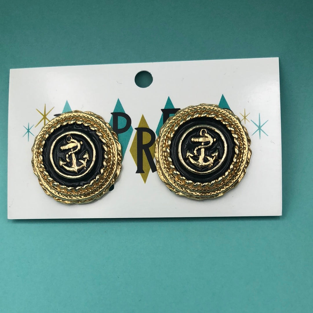 Navy and Gold medallion clip on earrings