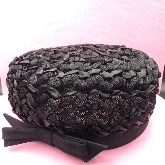 Black Hat with Bow and Woven Design
