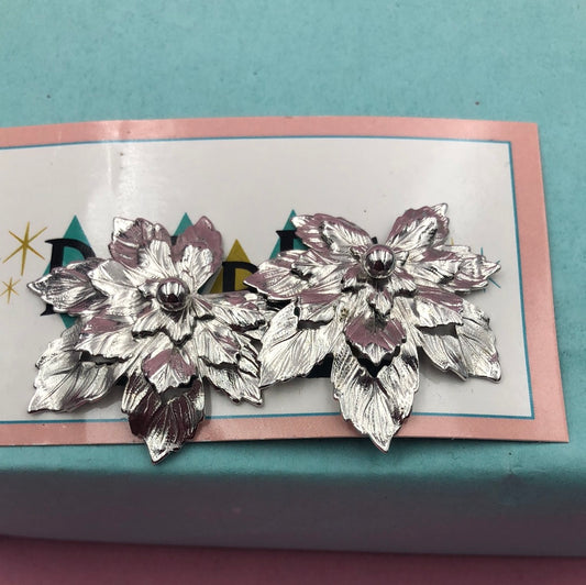 Silver layered leaf clip on earring