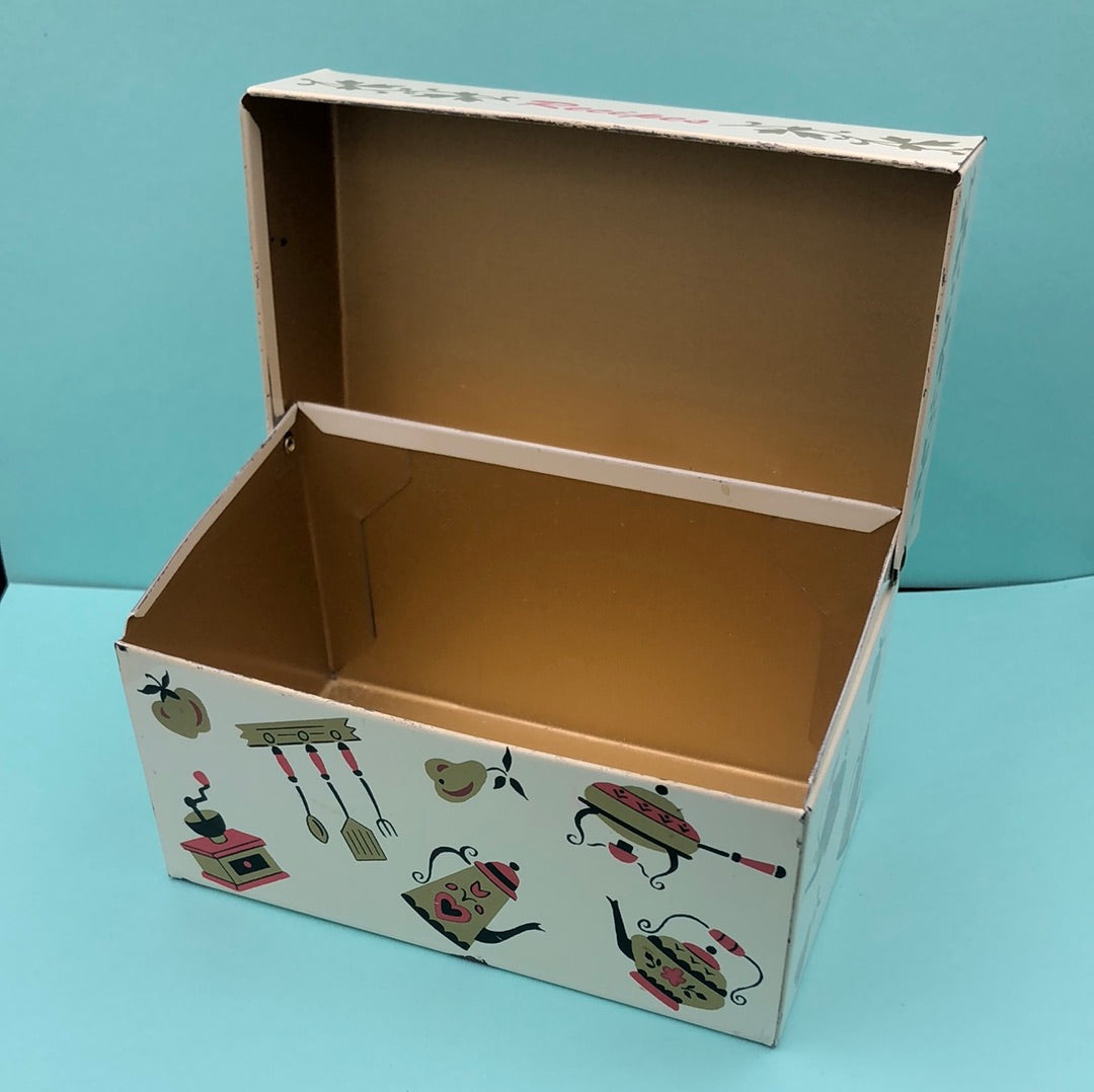 Recipe box with vintage kitchen utensils print
