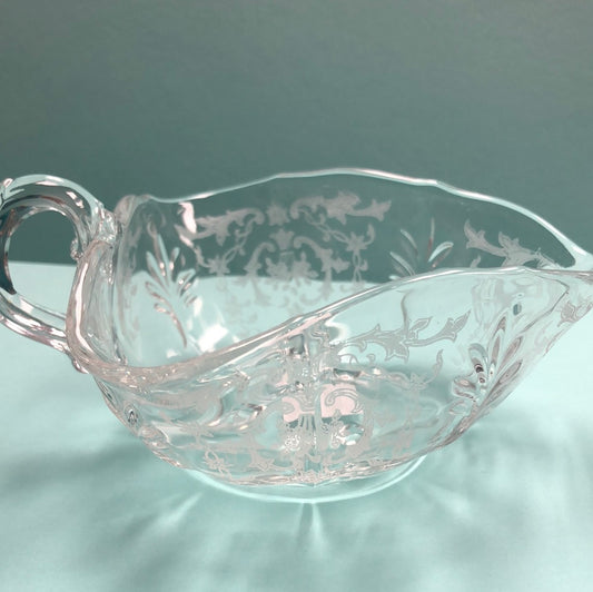 Etched glass triangular shaped dish with handle
