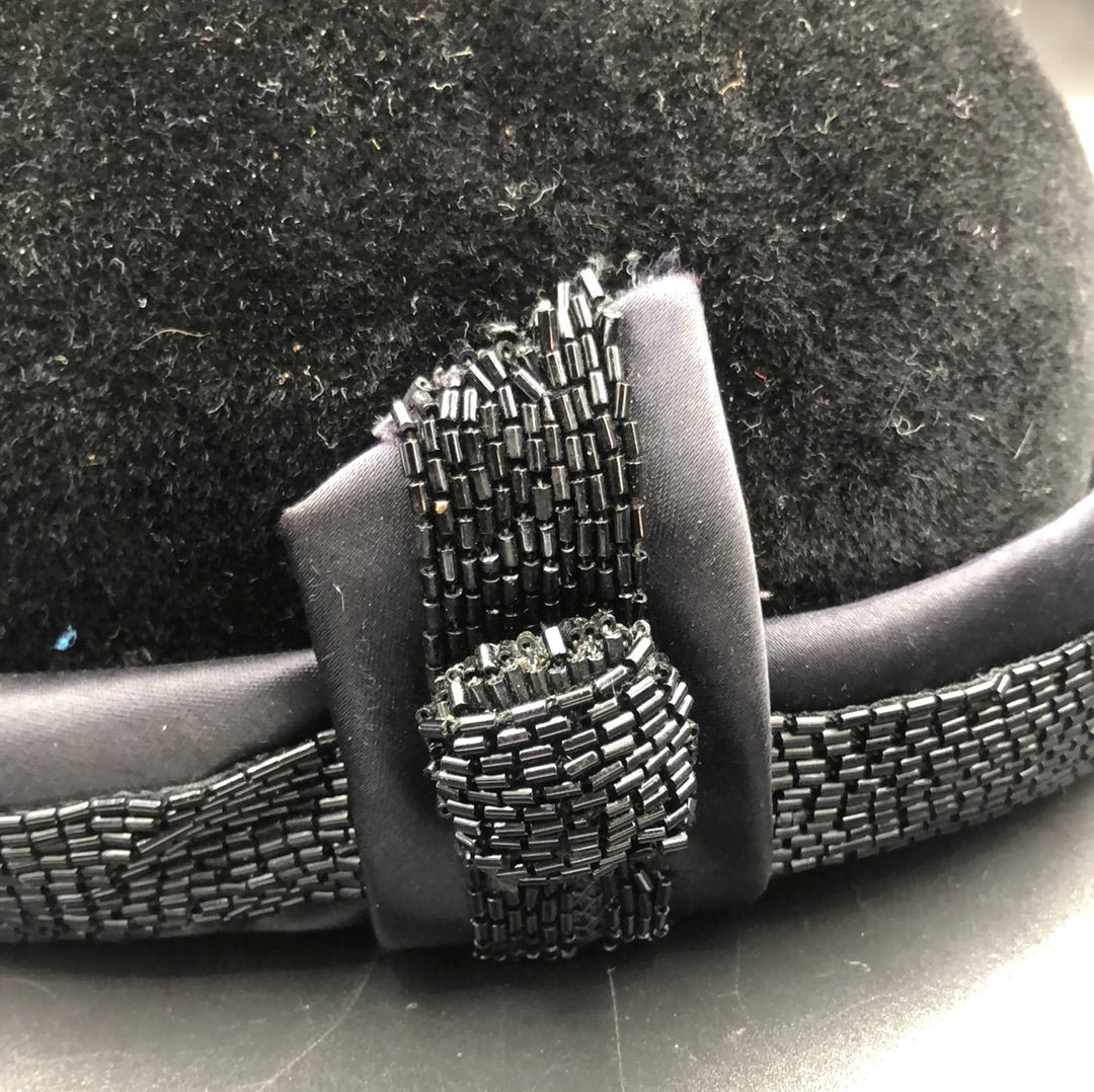 Black velvet hat with Black satin band and bugle bead trim