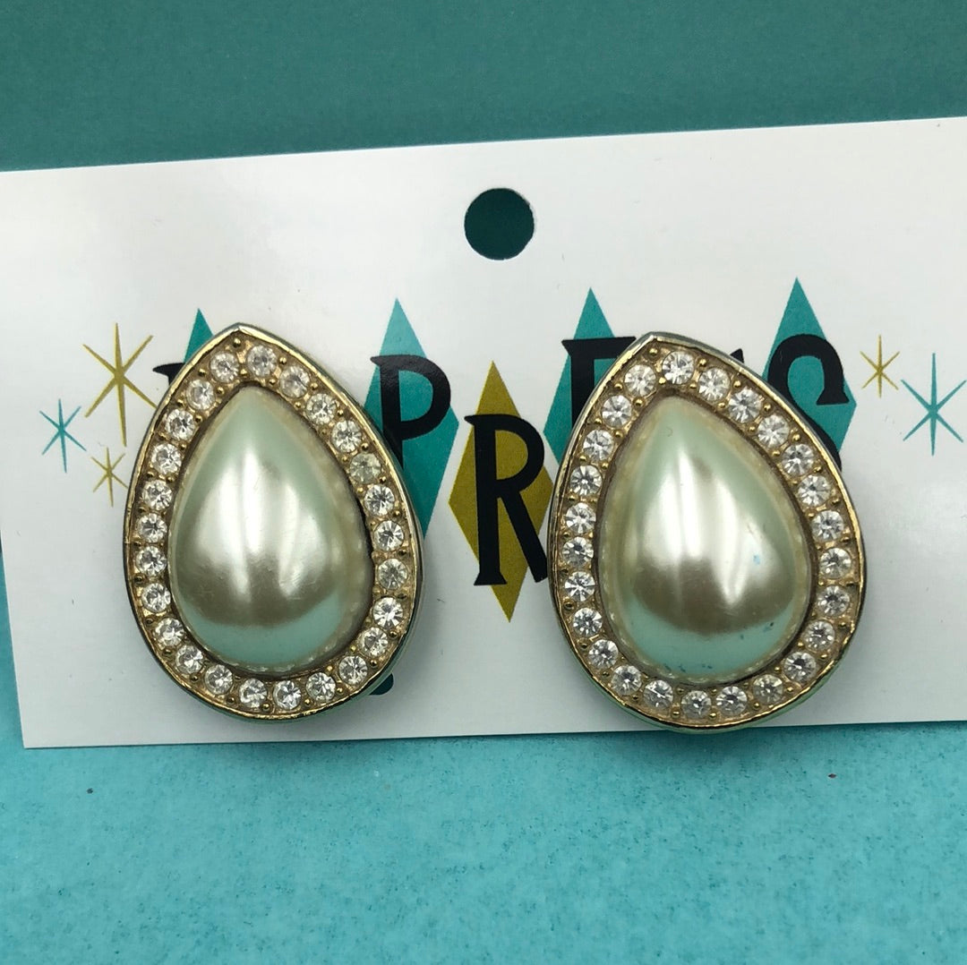 Tear Drop Pearl and Crystal clip on earrings