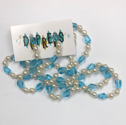 Long Pearl and Acrylic Turquoise Blue Necklace