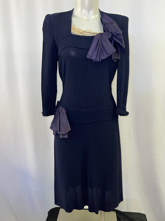 40s Navy Crepe Dress with Bows