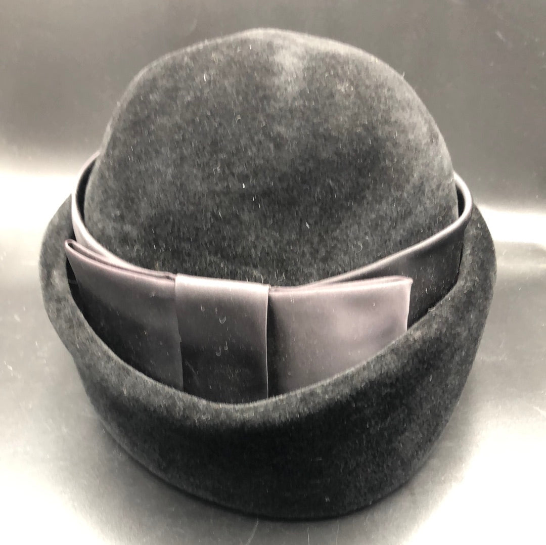 Black velvet hat with upturned brim and wide Black satin band