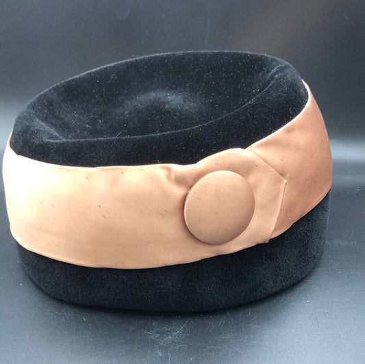 Black velvet hat with Brown satin band and button