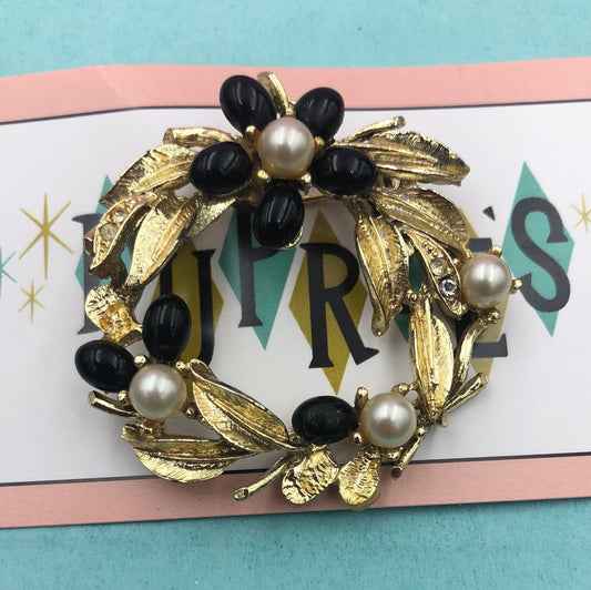 Gold, Black and Pearl wreath pin