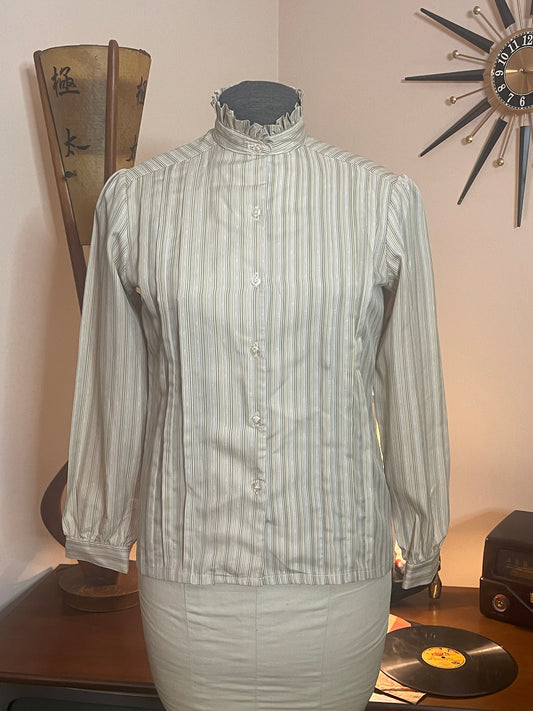 80s High Collar Striped Blouse