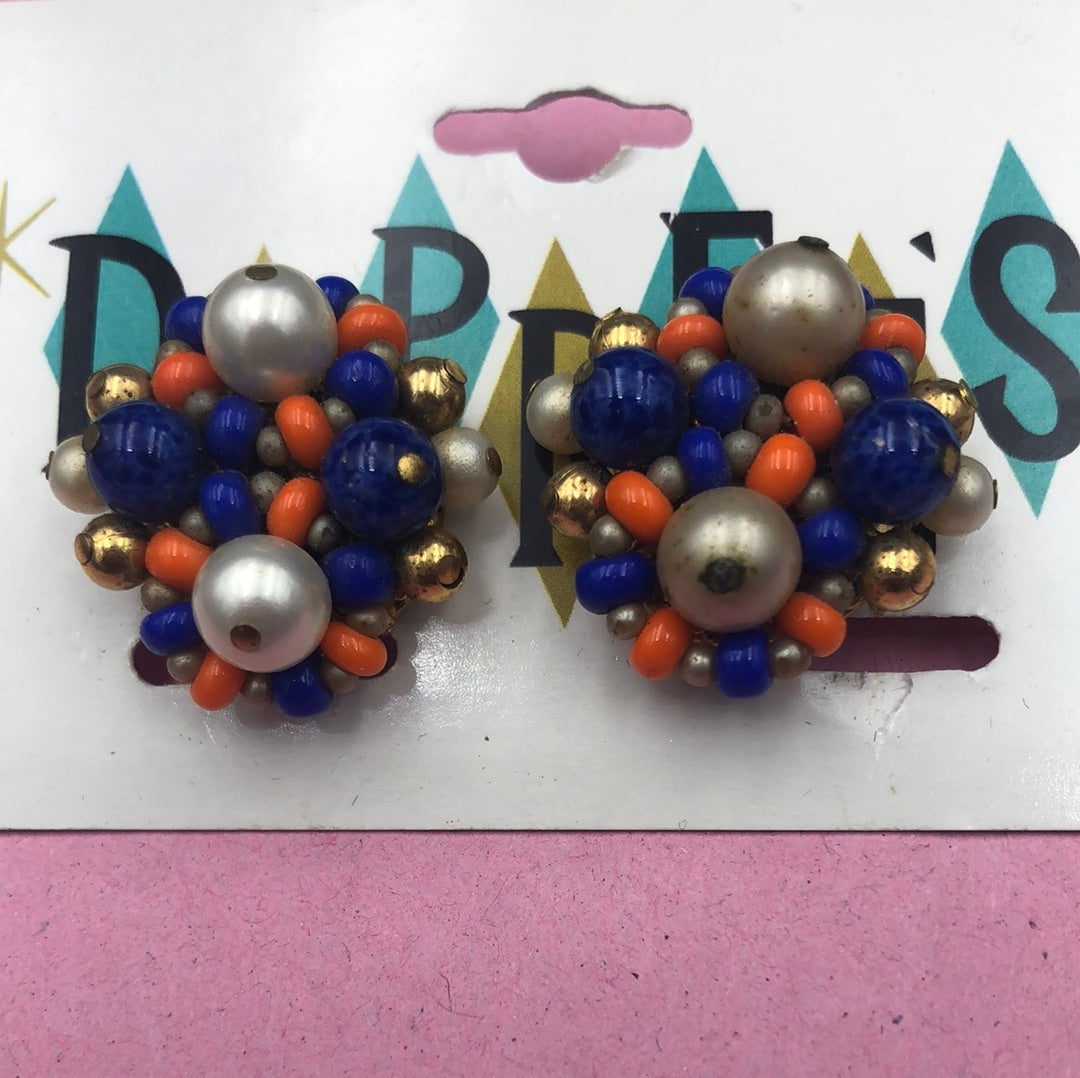 Navy and Orange bead cluster clip on earring set
