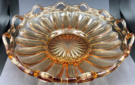 Fostoria Colonial Prism Amber pattern with lace edge.