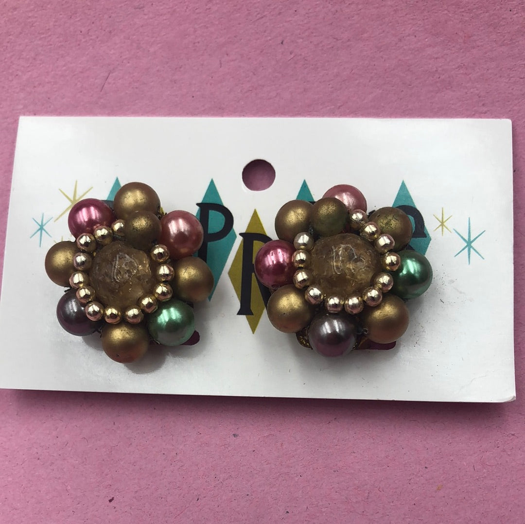 Gold, Pink and Green bead cluster clip on earrings