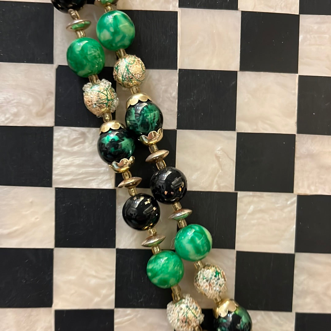 Double strand Gold and Green Bead Necklace with Clip on Earrings to match