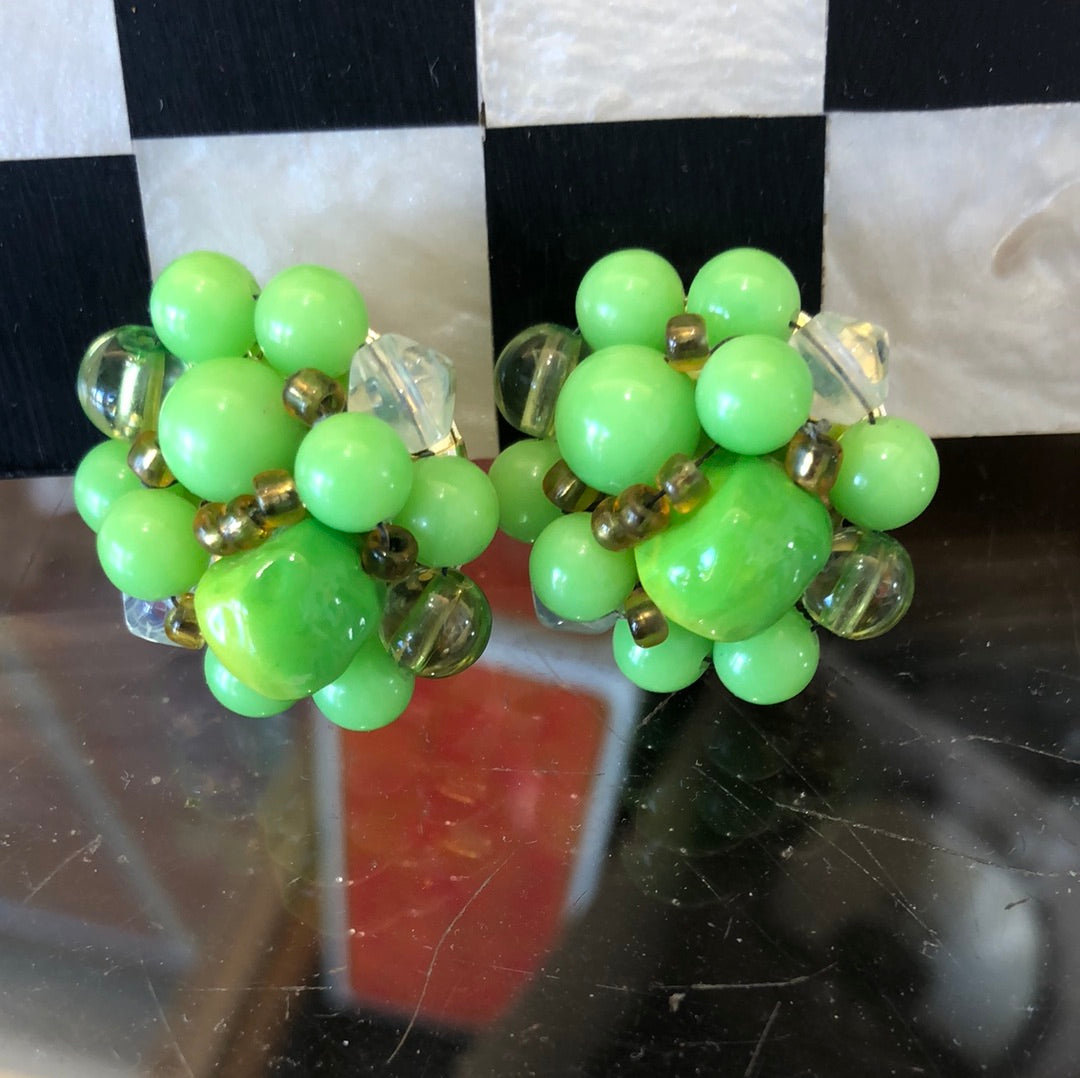 Lime Green Double strand necklace with clip earring