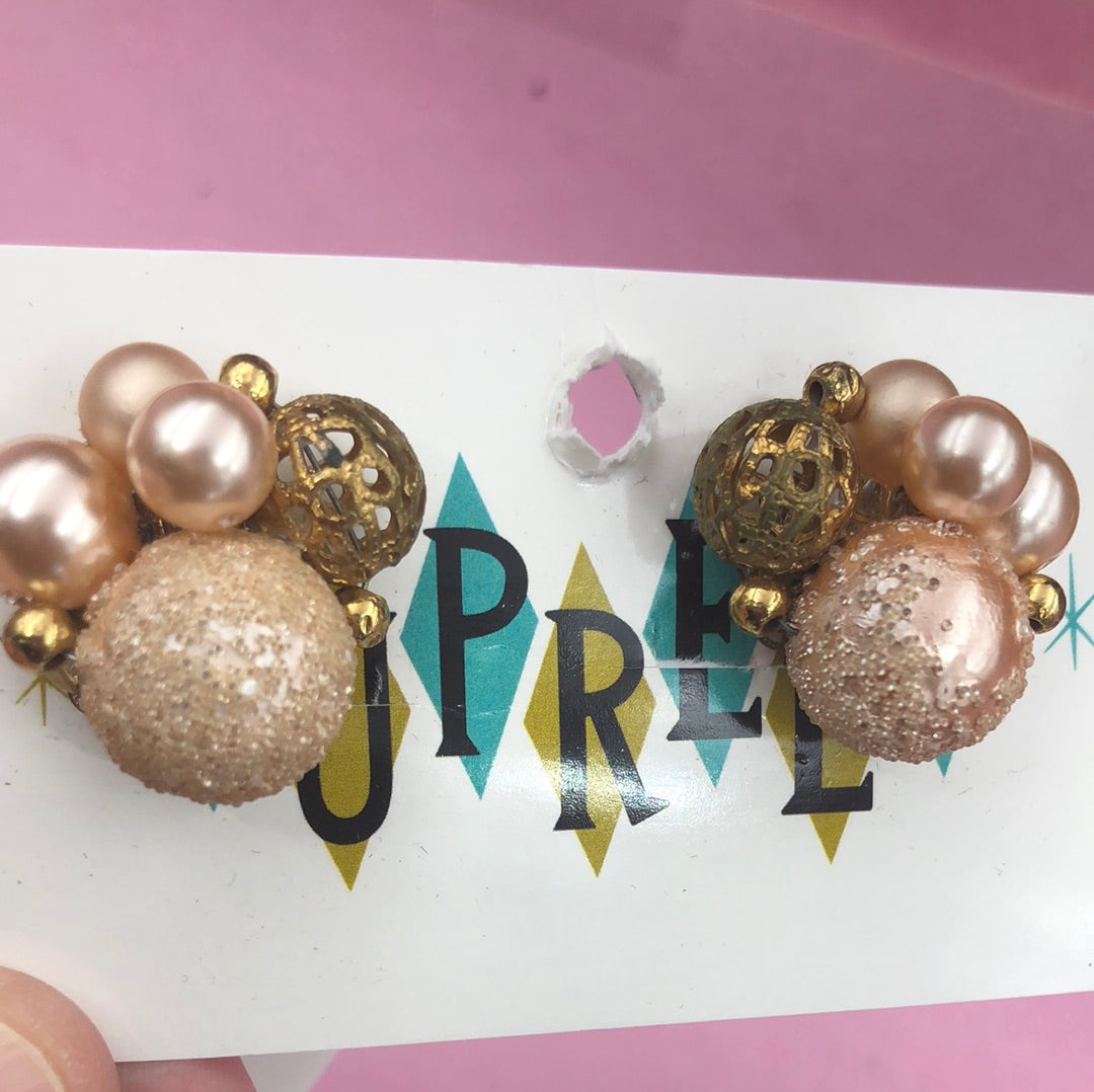Peach and Gold bead cluster Clip on earrings
