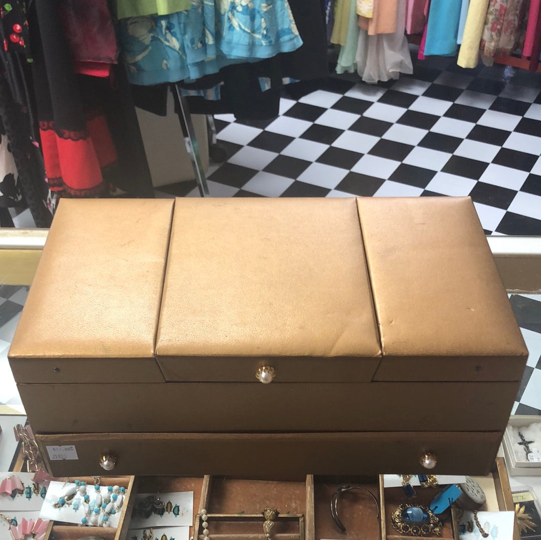 Gold Jewelry Box with pull out drawer and flip open top