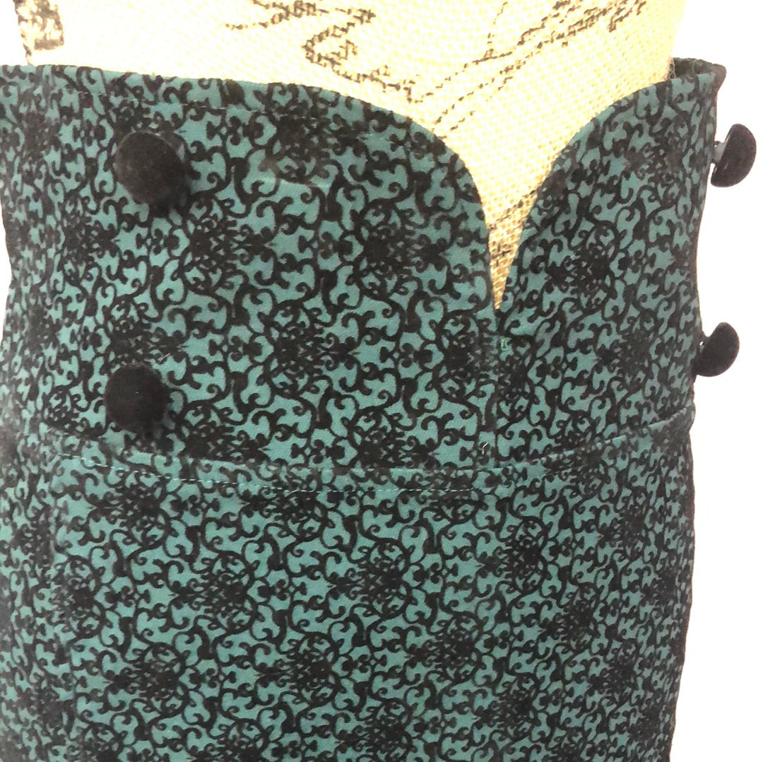 Emerald Green High Waist Skirt with Black Flocked Scroll Pattern